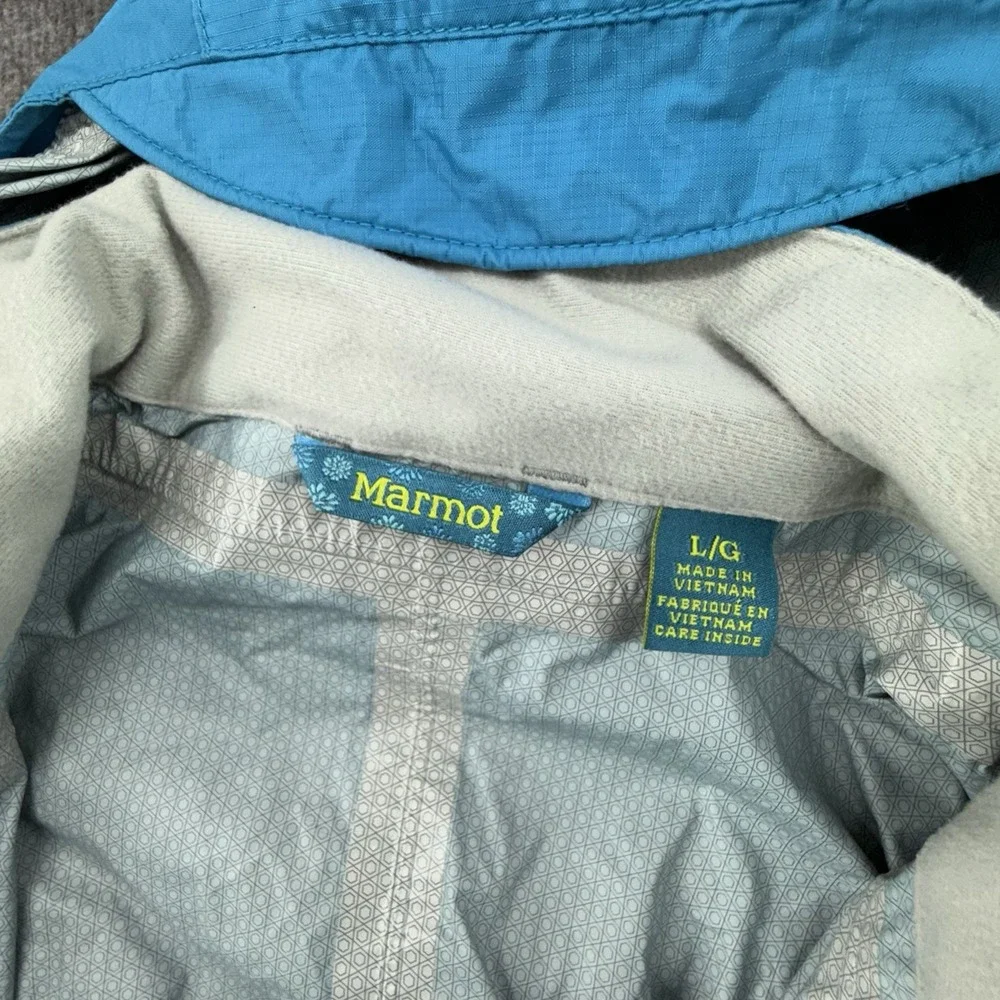 Marmot Rain Jacket Girls Large Blue Colorblock Waterproof Hooded Outdoors Pocket